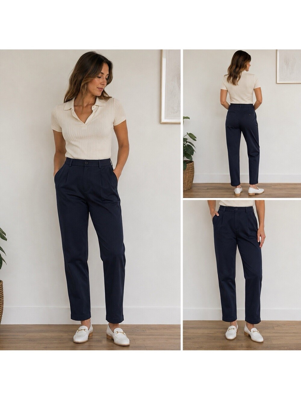 L.L.Bean Original Fit Navy Pleated Chino Pants Women 6P Petite 100% Cotton Prep